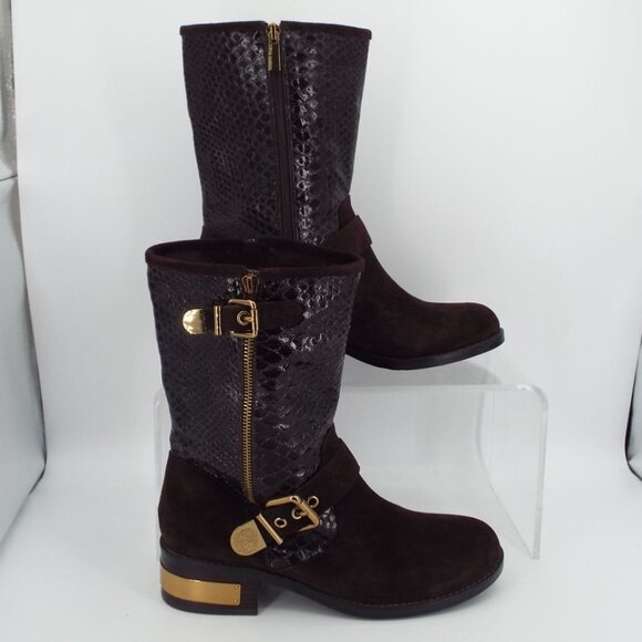 Vince Camuto Verona Dark Roast Shiny Snake Witty 2 Leather Buckle Moto Boots - Picture 16 of 16